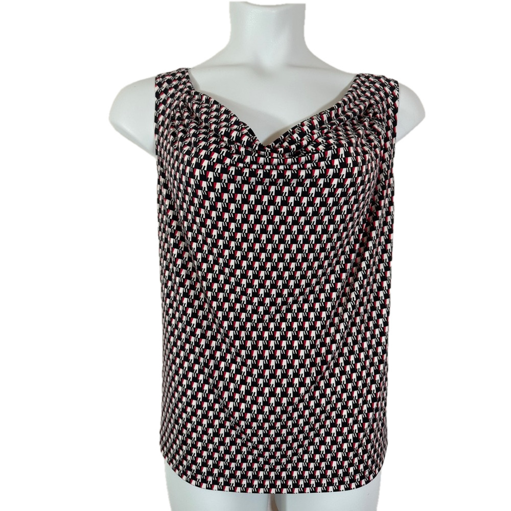 Calvin Klein Red Black White Geometric Sleeveless Blouse Top Drape Neck SKU0483